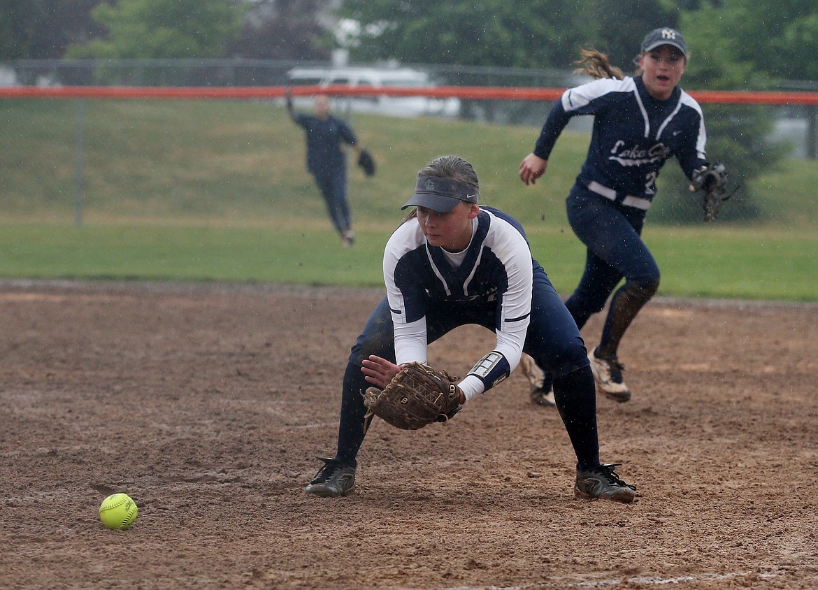 Lake City first baseman Olivia Zufelt fields a ground ball in a game against Eagle in the 5A State softball tournament Friday at Post Falls High School. (LOREN BENOIT/Press)