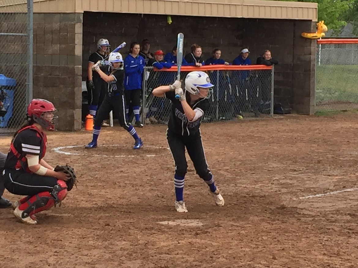 Maddie Fernimen of Coeur d&#146;Alene eyes the pitch &#151; as does on-deck hitter Alexis Blankenship &#151; during the Vikings&#146; first-round game vs. Highland of Pocatello at the state 5A softball tournament Friday morning at Post Falls High. Catching for Highland is Taelor Boyer.

MARK NELKE/Press