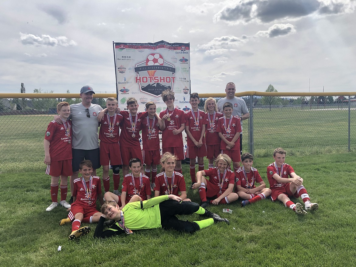 Courtesy photo
The Timbers North 05/06 boys soccer team placed first in the U14 Silver Division of the Bill Eisenwinter Hot Shot Tournament last weekend in Coeur d&#146;Alene and Hayden. The Timbers North defeated Surf Sorenson 5-0 in their first game on Friday evening. Scoring for TNFC were: Ari Rumpler, Bryant Donovan (2), Gavin Jones and Owen Hickok. On Saturday, they shut out the Stevenson Sabres 3-0 and Flathead SC 10-0.  Scoring for TNFC against the Sabres: Gavin Jones, Trenton Anderson and Zack Cervi-Skinner. Scoring against Flathead: Benji Valov-Deming, Bryant Donovan, Gavin Jones (2), Gavin Schoener, Jaron Voeller, Rylan Beaton, Trenton Anderson and Zack Cervi-Skinner. The championship game on Sunday went into extra minutes before Timbers North was victorious 2-1 against the Sandpoint Strikers. Goals scored by Elijah Raybell and the shot in extra minutes by Trenton Anderson. In the front is keeper Benji Valov-Deming; seated from left, Max Cervi-Skinner, Jackson Nickel, Trenton Anderson, Austin Proctor, Ari Rumpler and Logan Delbridge; and standing from left, Gavin Schoener, assistant coach Chaz Donovan, Jaron Voeller, Bryant Donovan, Zack Cervi-Skinner, Rylan Beaton, Gavin Jones, Elijah Raybell, Owen Hickok and coach Camron Cutler.