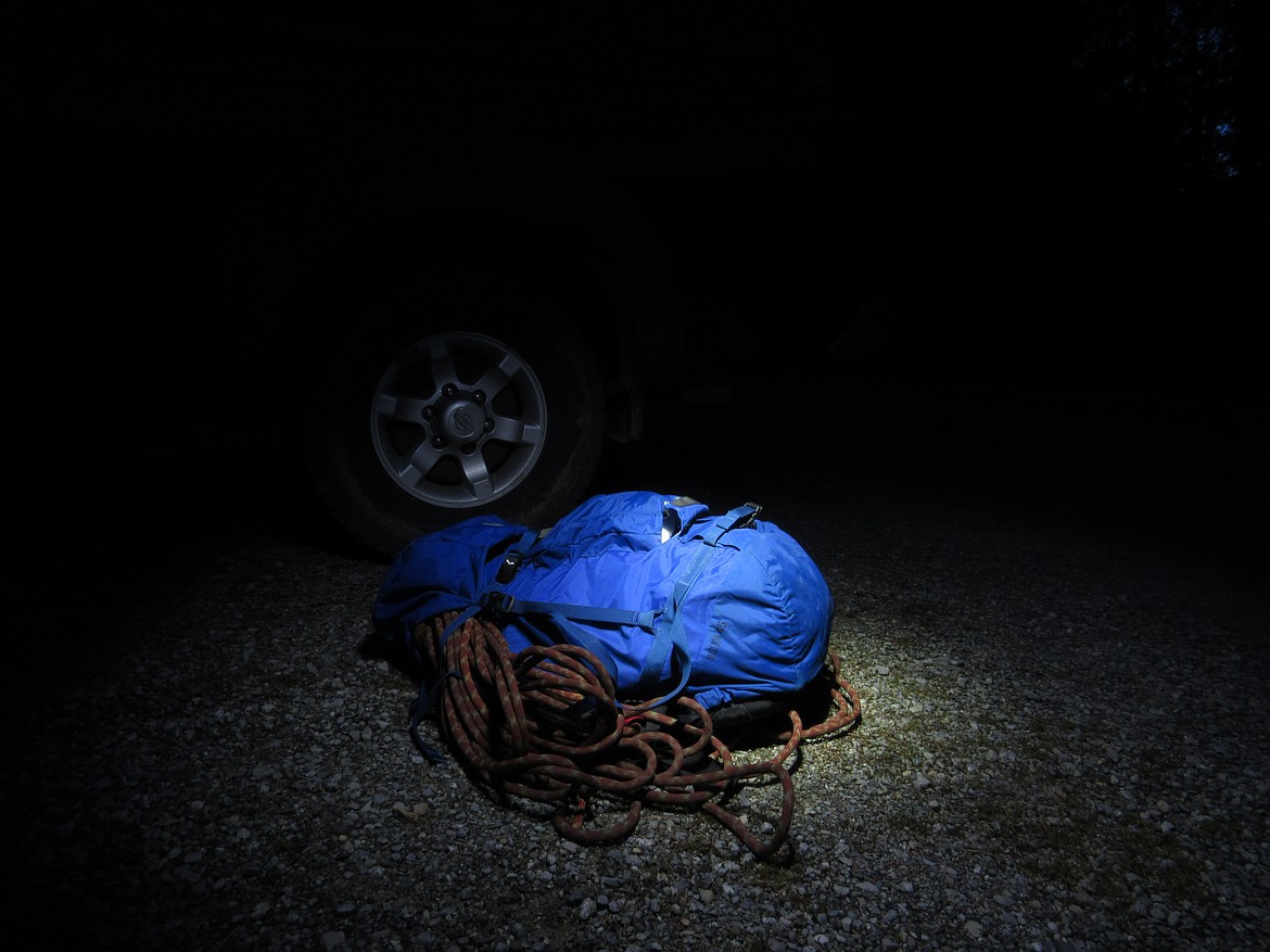 Jason Wilmoth's dropped backpack after a long hike seems so alone in the creepy darkness.