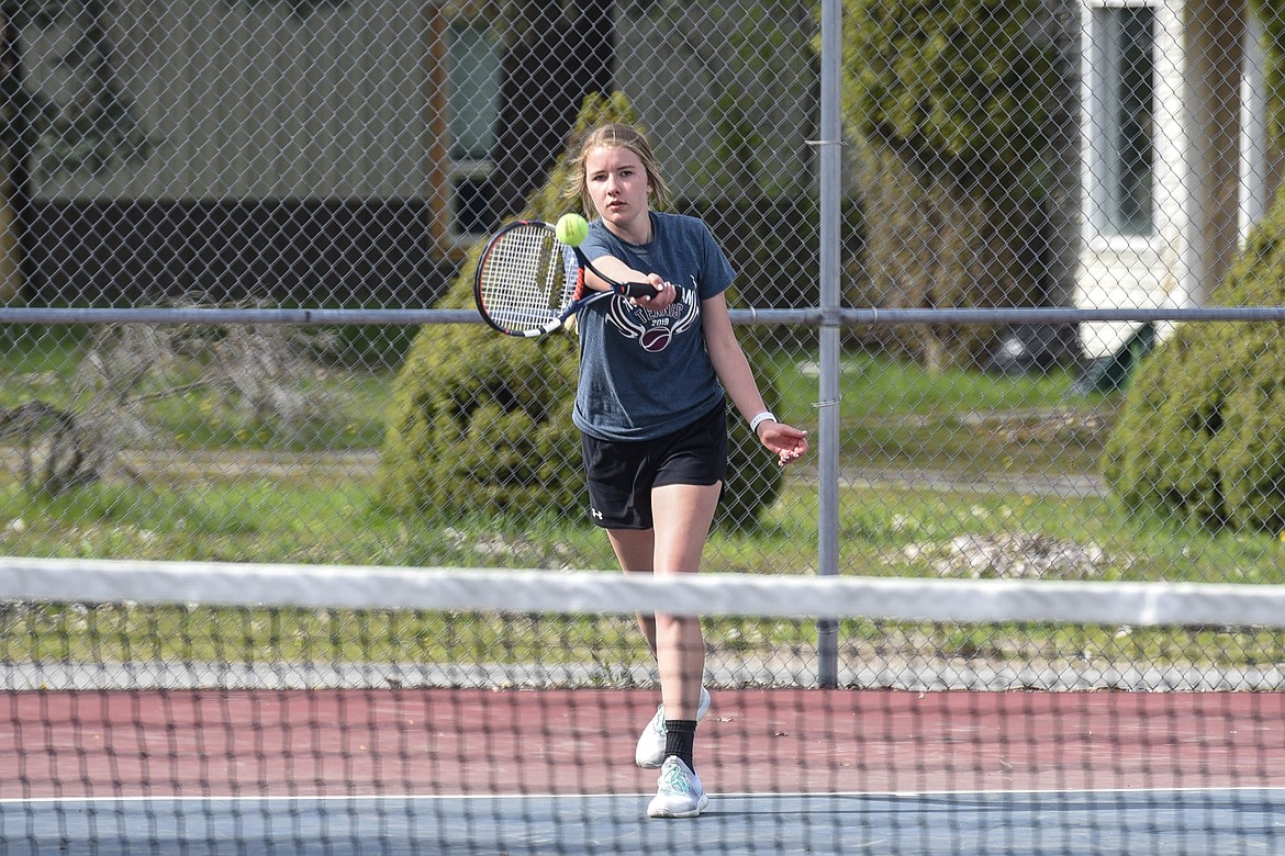 Troy junior Katelynn Tallmadge returns for a point, May 3 against Superior. (Ben Kibbey/The Western News)