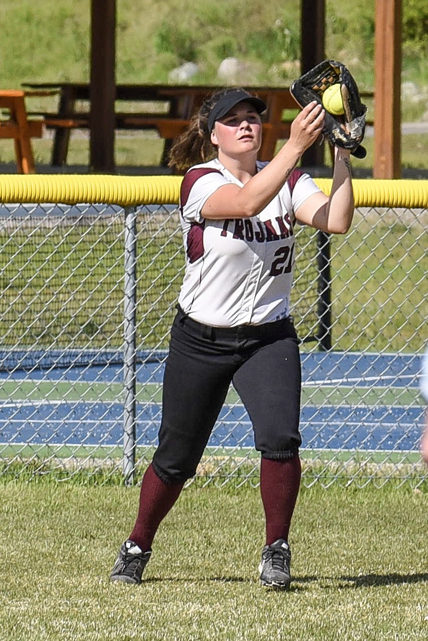 Troy senior Cami Finley makes the catch on a fly ball to center field for the second out, bottom of the third inning, during the Trojans&#146; second game against Plains May 11. (Ben Kibbey/The Western News)