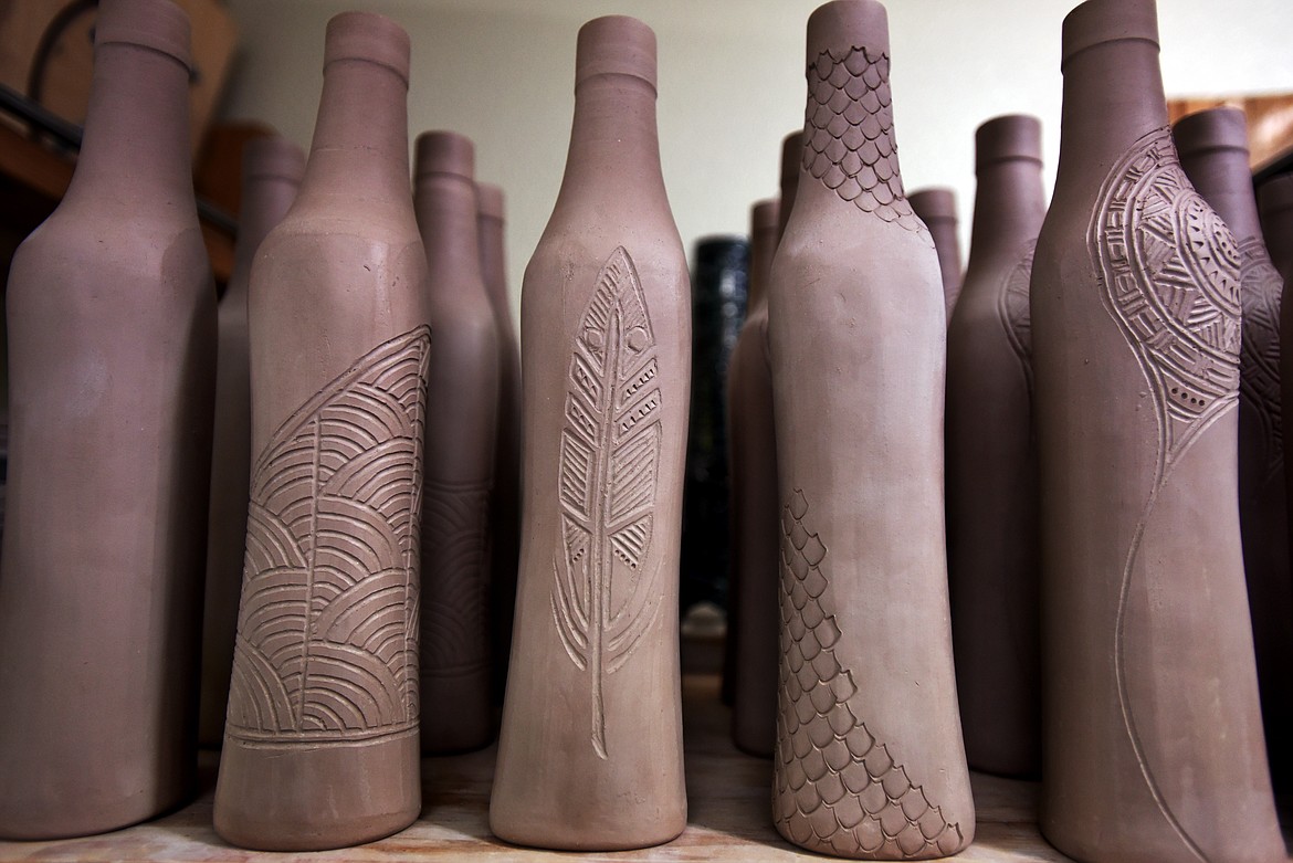 Carved pieces waiting to be glazed at fired at Glacier Round House Pottery.(Brenda Ahearn/Daily Inter Lake)