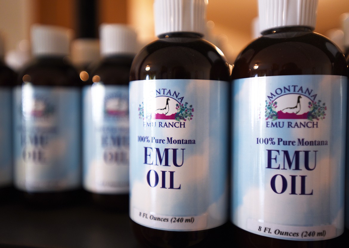 Bottles of Emu Oil in stock and ready to be shipped out at the Montana Emu Ranch.(Brenda Ahearn/Daily Inter Lake)