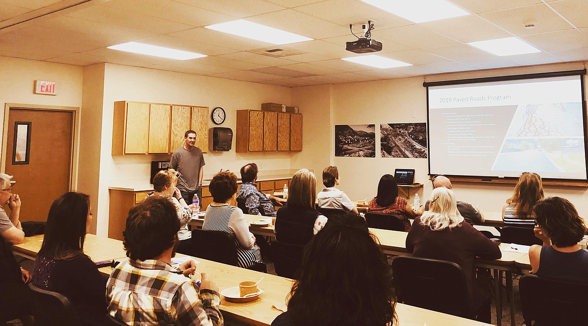 Photo by JOSH MCDONALD
Andy Helkey with Panhandle Health District discusses the Bunker Hill Superfund Site with members of the Historic Silver Valley Chamber of Commerce.