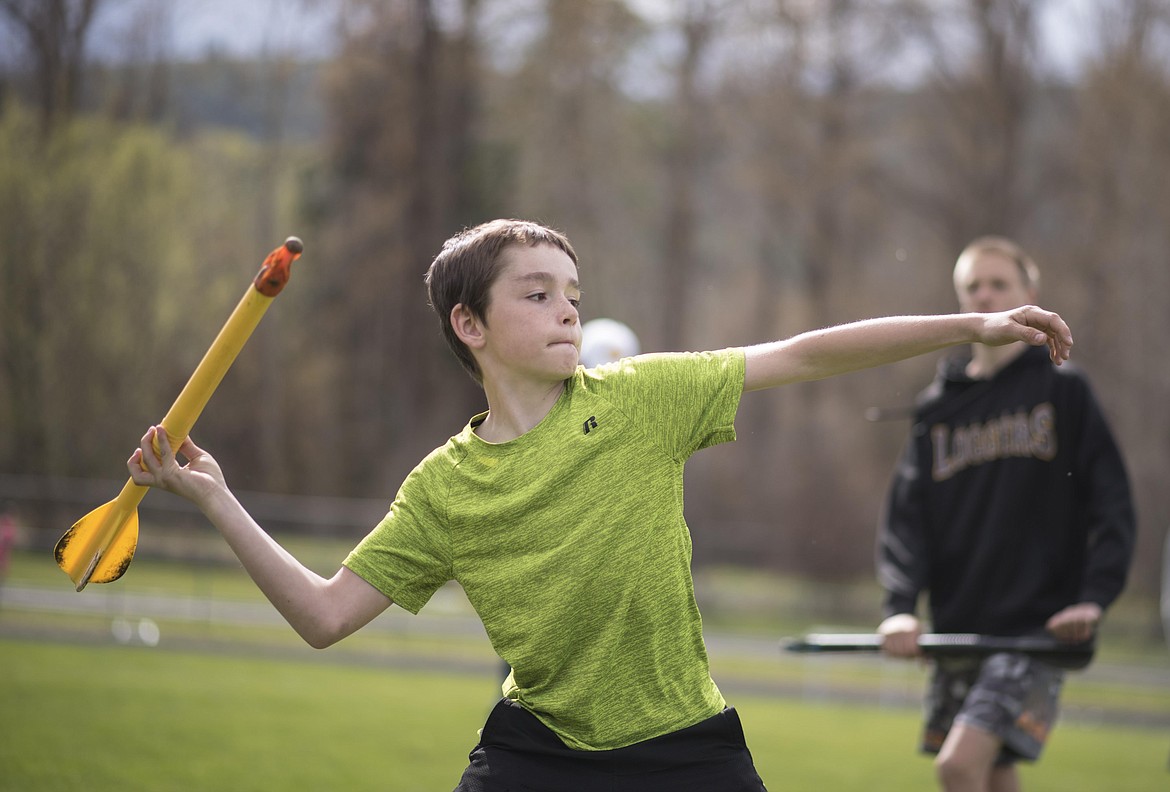 Caeden Galligan prepares for a throw during the 4th and 5th grade mini meet, Thursday, May 2 at the Libby High School. (Luke Hollister/The Western News)