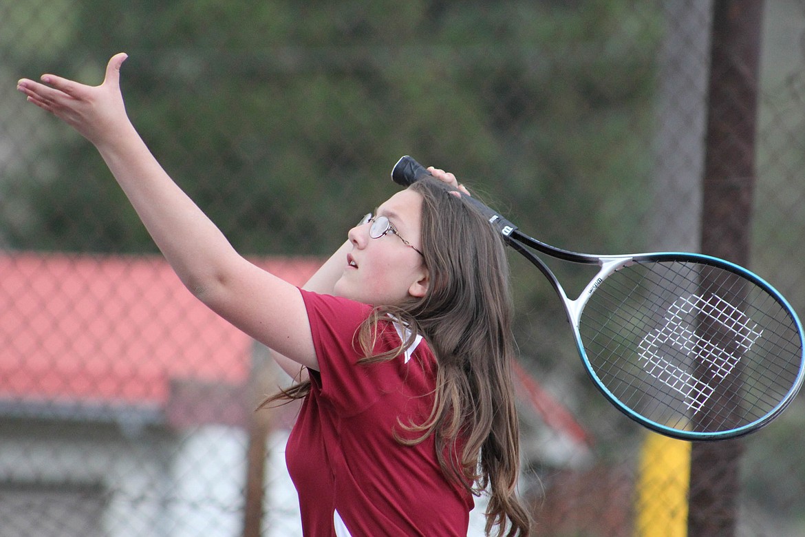 LYSSAH KROMREY of Clark Fork serves against Molly Ballweber of Granite on Tuesday, May 7 in Superior. Kromrey defeated Ballweber 6-0, 6-0. (Maggie Dresser photos/Mineral Independent)