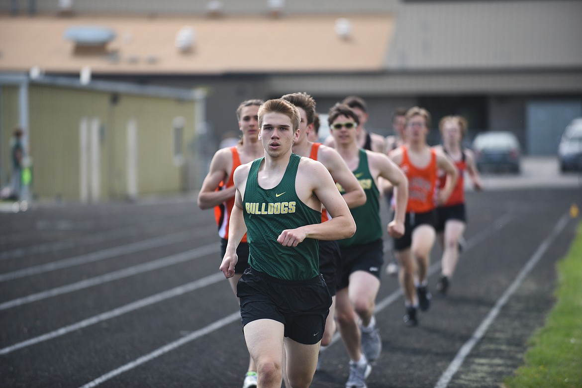 Tyler Dunnagan leads the pack in the 800 meter run during a home dual against Flathead last week. (Daniel McKay/Whtiefish Pilot)