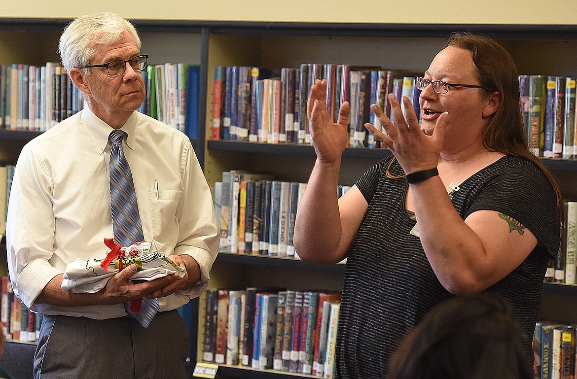 LT. GOV. Mike Cooney was an honored guest as part of the SMART School award presentation at PMS on Monday. He received a commemorative award from PMS Special Services teacher Amy Williams. She is also the School Garden Coordinator, E.A.G.L.E.S Club Leader, and Social, Emotional and Behavioral Needs Building Co-Chair.