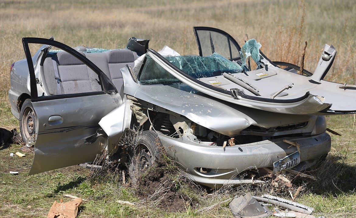 TWO HOT Springs-area residents were involved in a one-vehicle crash on Montana 28 near the intersection of U.S. 94 on Thursday morning, May 9. The female passenger suffered serious but non-life threatening injuries while the male driver had minor injuries. (Joe Sova photos/Clark Fork Valley Press &amp; Lake County Leader)