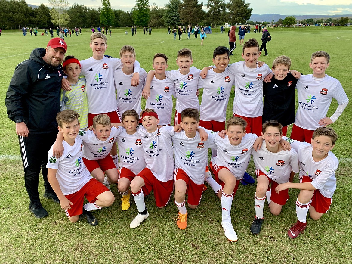 Courtesy photo
The Timbers North FC Boys &#146;06 Red soccer team traveled to Boise to play in the Idaho State Cup this past weekend. On Friday evening, the Timbers beat COSC U13B Inferno Silver 6-1. Kason Pintler had 3 goals. Haidyn Jonas had 2 goals. Jacob Molina had 1 goal. Connor Jump had 3 assists. Braden Latscha was in goal for TNFC. On Saturday evening, the Timbers beat Boise Timbers 06B PA-BL 2-1. Haidyn Jonas and Gavin Samayoa each had 1 goal. Connor Jump had 2 assists. Braden Latscha was in goal for TNFC. On Sunday afternoon, the Timbers lost 2-0 to the Idaho Rush Premier &#146;06 in the semifinals. In the front row from left are Lachlan May, Harper Barlow, Brayden Ristic, Haidyn Jonas, Michael Chan, Aidan Rice, Noah Waddell and Gavin Samayoa; and back row from left, coach Nick Funkhouser, Braden Latscha, Max Entzi, Jacob Molina, Kason Pintler, Ben Hannigan-Luther, Chief Natatqn Allan, Kai Delio, Connor Mongan and Connor Jump.