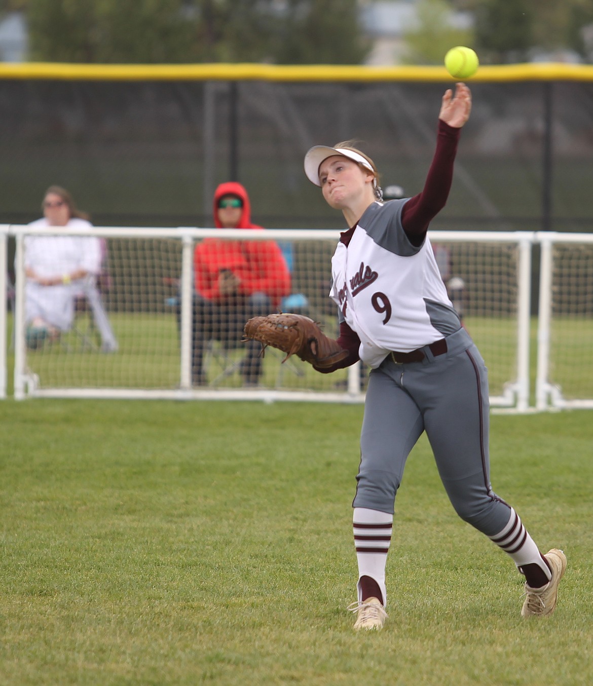 North Idaho College right fielder Emma Profili fires to first base after catching a line drive against Edmonds.