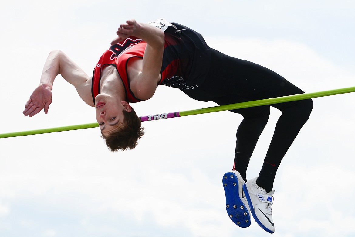 Huntley Project's Noah Bouchard clears 6-8 in the high jump at the Class AA State track and field meet at Legends Stadium on Saturday. (Casey Kreider/Daily Inter Lake)