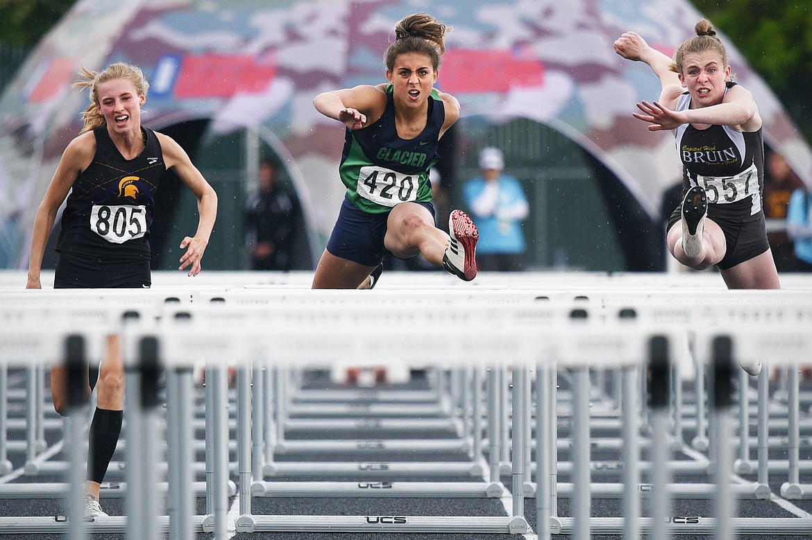 Glacier's Faith Brennan competes in the girls 100 meter hurdles at the Class AA State track and field meet at Legends Stadium on Saturday. (Casey Kreider/Daily Inter Lake)