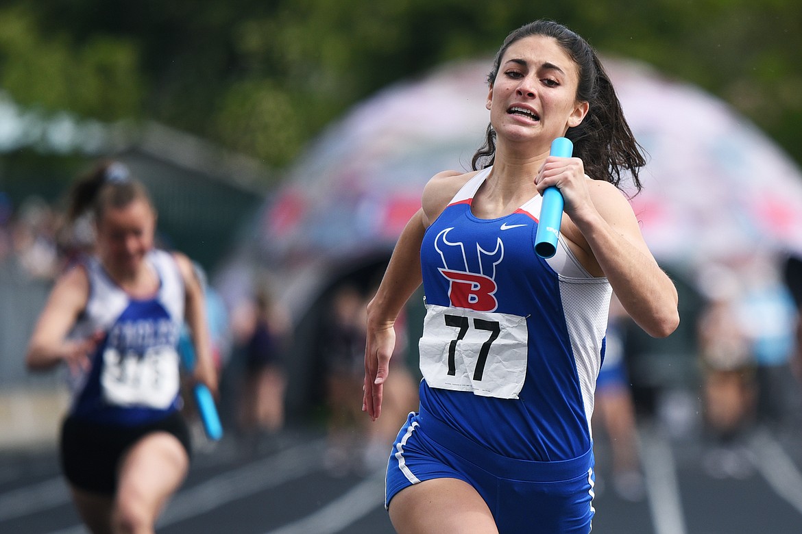 Bigfork's Jordan Nelson crosses the finish line in the girls 400 meter relay at the Class AA State track and field meet at Legends Stadium on Saturday. (Casey Kreider/Daily Inter Lake)