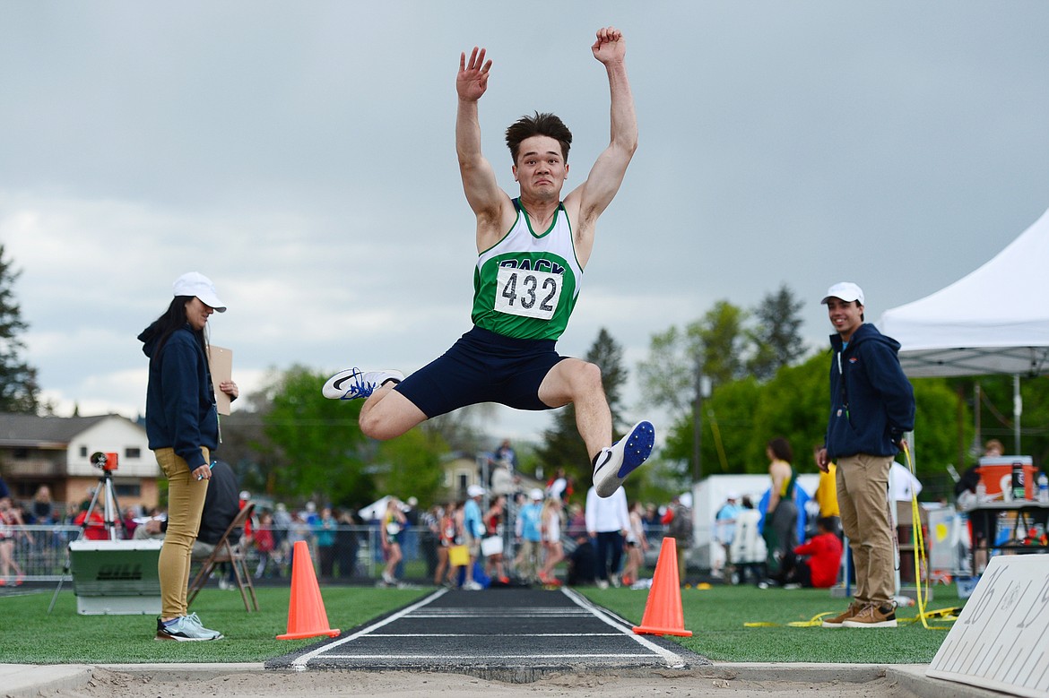 Glacier's Sean Hegstad competes in the long jump at the Class AA State track and field meet at Legends Stadium on Friday. (Casey Kreider/Daily Inter Lake)