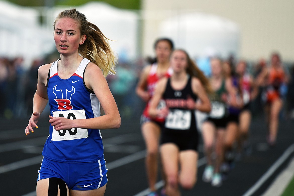 Bigfork's Anya Young competes in the girls' 1,600 meter run at the Class B State track and field meet at Legends Stadium on Friday. (Casey Kreider/Daily Inter Lake)