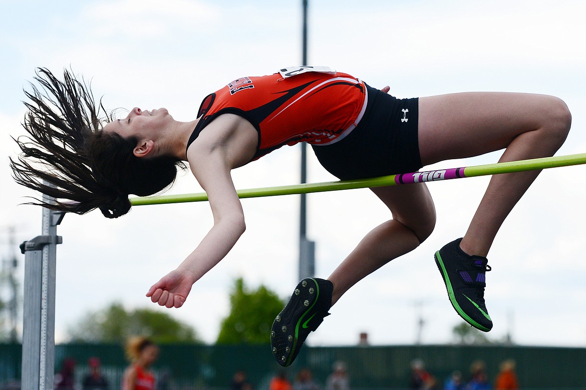 Flathead's Madde Boles clears 5'3&quot; in the high jump at the Class AA State track and field meet at Legends Stadium on Friday. (Casey Kreider/Daily Inter Lake)