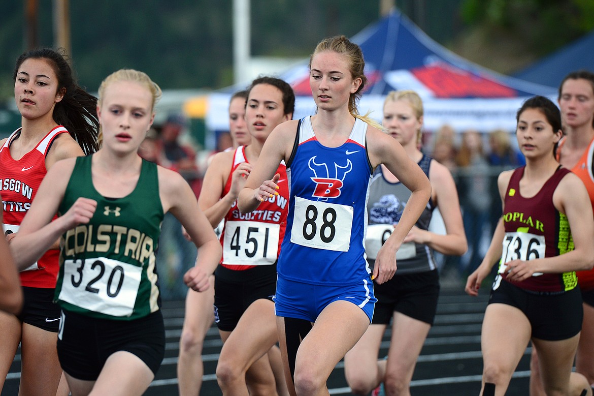Bigfork's Anya Young competes in the girls' 1,600 meter run at the Class B State track and field meet at Legends Stadium on Friday. (Casey Kreider/Daily Inter Lake)
