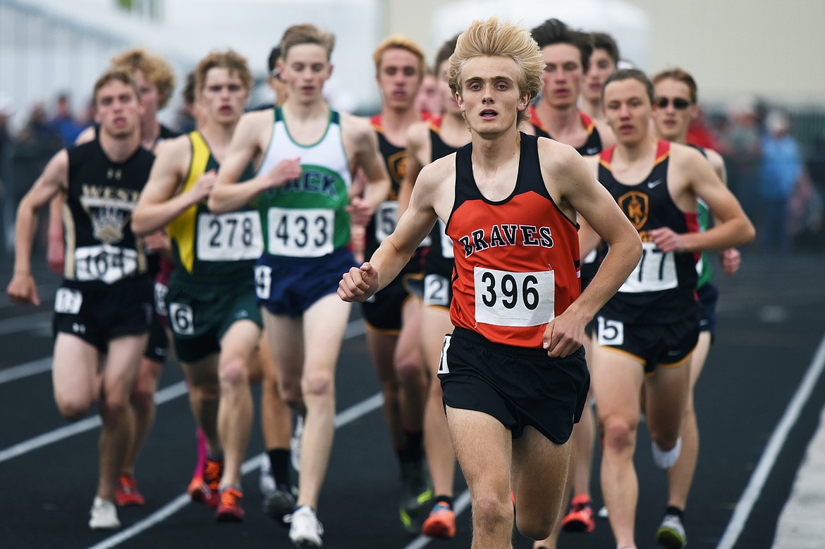 Flathead's Ben Perrin takes an early lead in the boys' 3,200 meter run at the Class AA State track and field meet at Legends Stadium on Friday. (Casey Kreider/Daily Inter Lake)