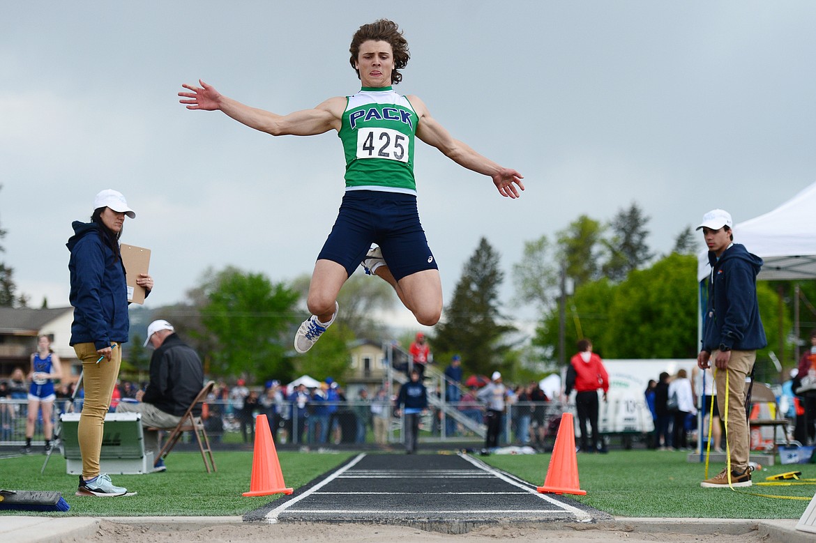 Glacier's Drew Deck competes in the long jump at the Class AA State track and field meet at Legends Stadium on Friday. (Casey Kreider/Daily Inter Lake)