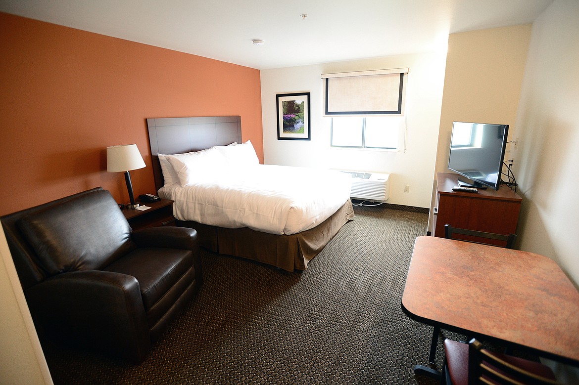 A room with a king-size bed and recliner at My Place Hotel, 755 Treeline Road in Kalispell on Wednesday, May 22. (Casey Kreider/Daily Inter Lake)