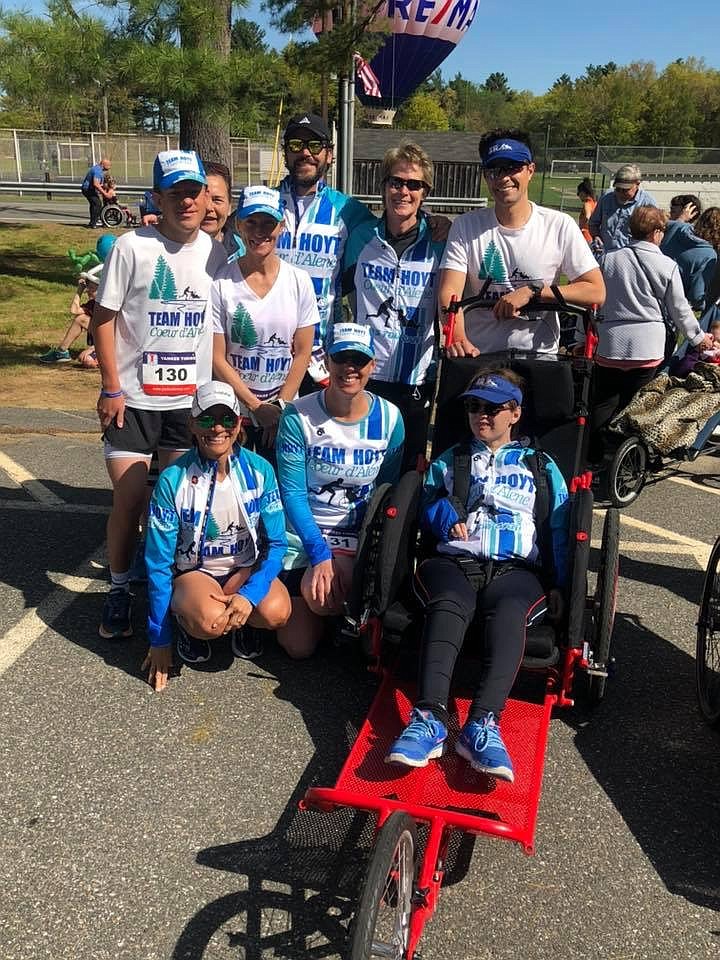 Courtesy photo
Lake City High senior Jim Kinnard, far left, along with Team Hoyt teammates competed in the the Holland Elementary 5K in Holland, Mass., on Saturday.  In the front are: Maria Scaletta, Jann Kinnard and Annette Enger. In the middle row is Jennifer Waterfield. In the back are Sonja Enger, Steve Aikins, Laurie Aikins and Nick Larose, who finished third in the Female Rider category.