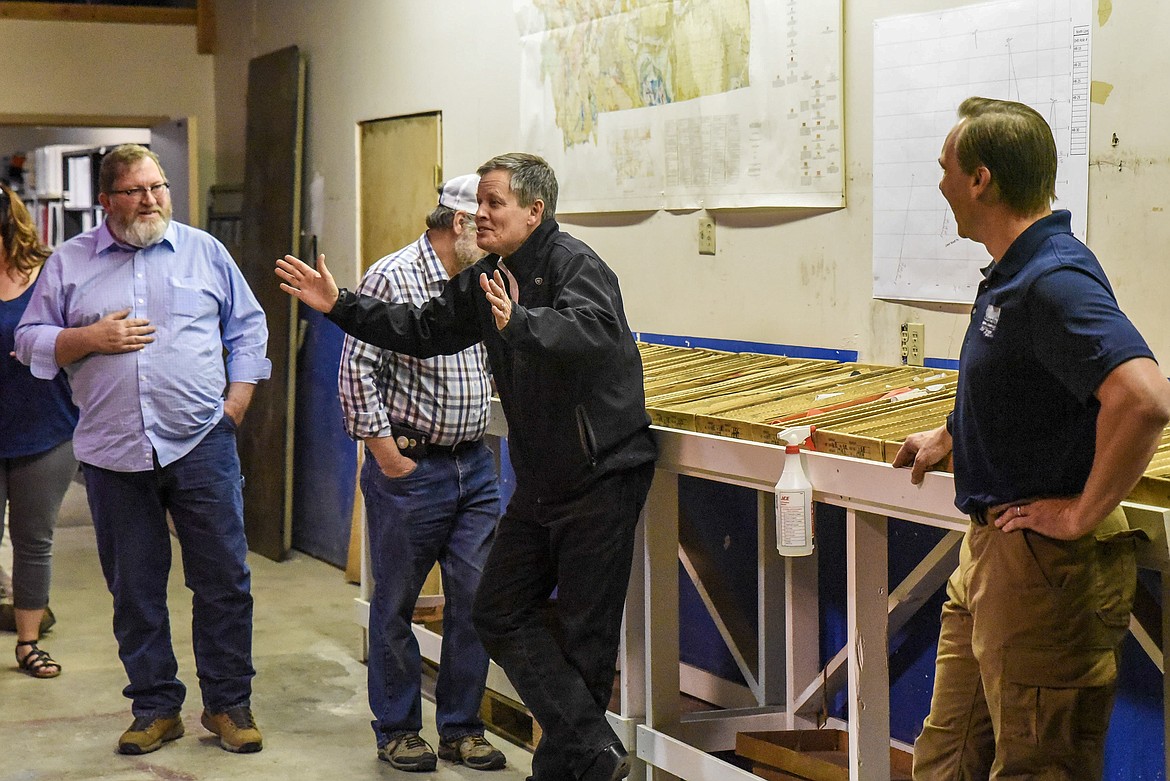 U.S. Sen. Steve Daines talks with community members and leaders about the Montanore mine and future progress, at the Montanore offices in Libby, Friday. (Ben Kibbey/The Western News)