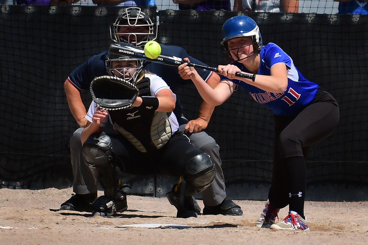 Isabell Johnson puts down a bunt against Stevensville