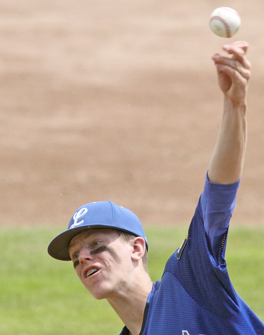 Starting pitcher Caden Williams delivers a 1-1 pitch, top of the fourth, vs. Cranbrook Saturday. (Paul Sievers/The Western News)