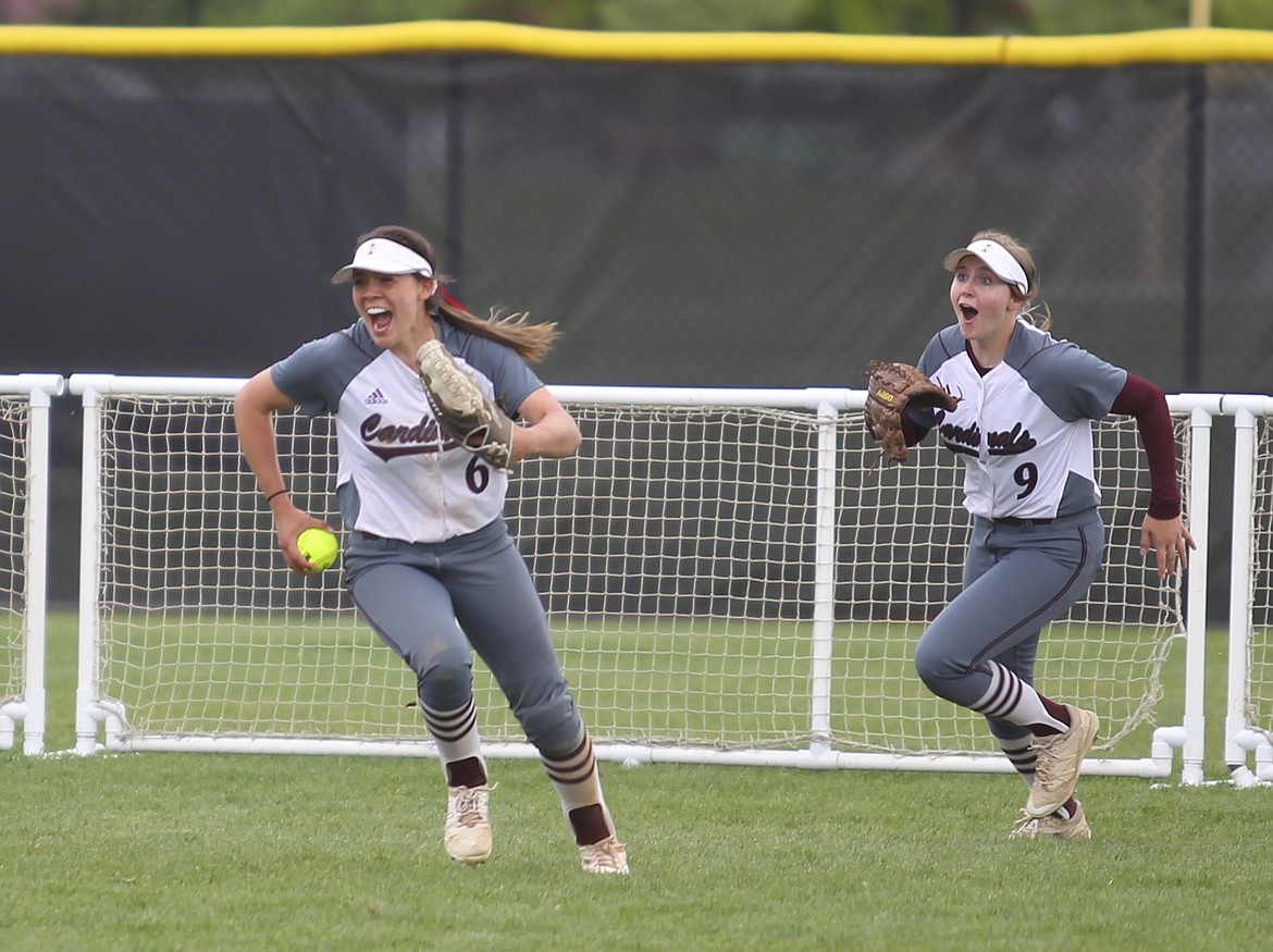 North Idaho College center fielder Jori Kerr (6) and right fielder Emma Profili celebrate the final out as the Cardinals win the Northwest Athletic Conference softball tournament Monday at the Dwight Merkel Sports Complex in Spokane.

Photos: MARK NELKE/Press