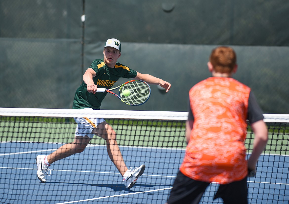 Mark Anderson plays at the net during the Class A State Tournament last week at FVCC. (Daniel McKay/Whitefish Pilot)