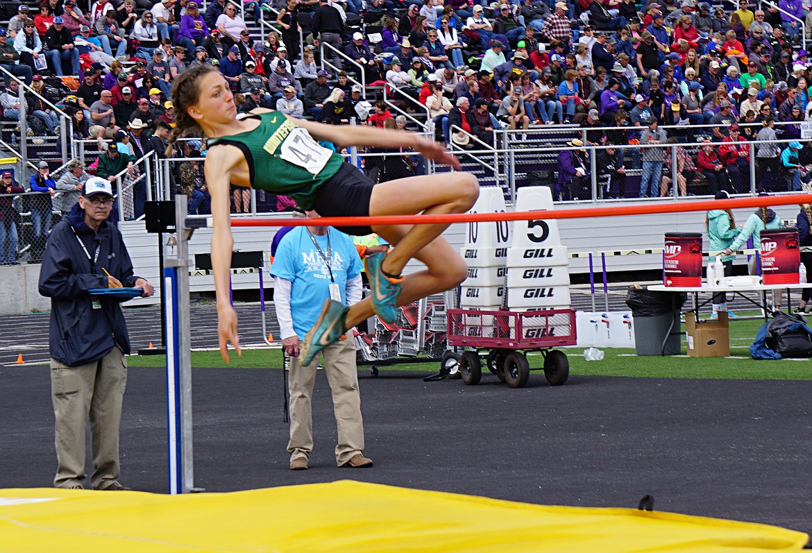 Bulldog Erin Wilde compets in the high jump at the state Class A track meet in Laurel. (Photo courtesy Matt Weller)