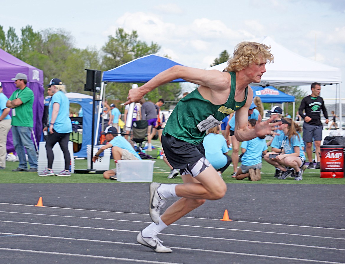 Bulldog Josh Dudley leads off in the boys 4x400 relay at the state track meet in Laurel. (Photo courtesy Matt Weller)