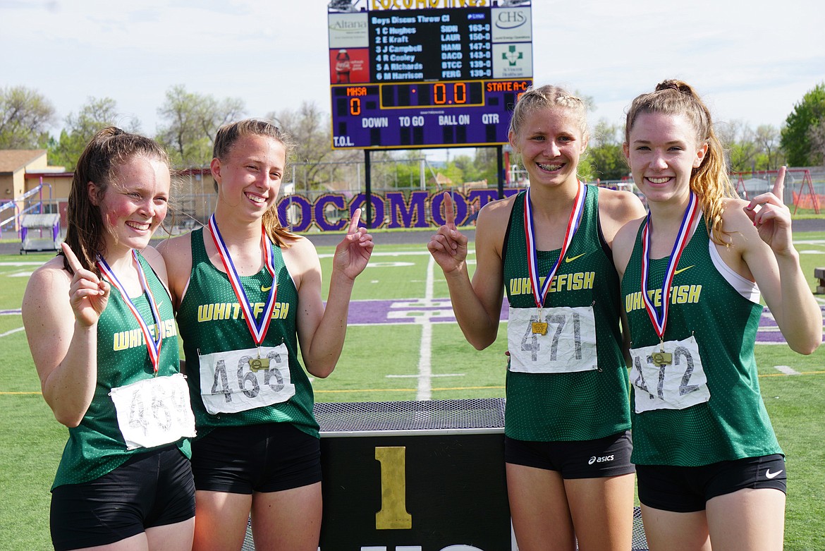 The Bulldog relay team of Mikenna Ells, Tommye Kelly, Emily Gunlikson andLauren Schulz earned first place in the 4x400 relay at the state track meet. (Photo courtesy Matt Weller)