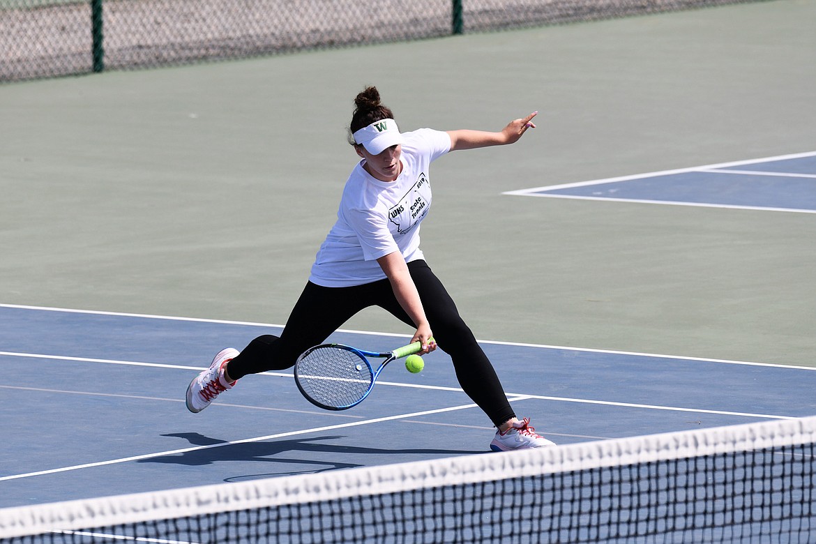 Bulldog Grace Smyley runs for the ball during the Class A state tennis tournament last week at Flathead Valley Community College. Smyley claimed the girls singles title. (Photo courtesy Jeff Doorn)