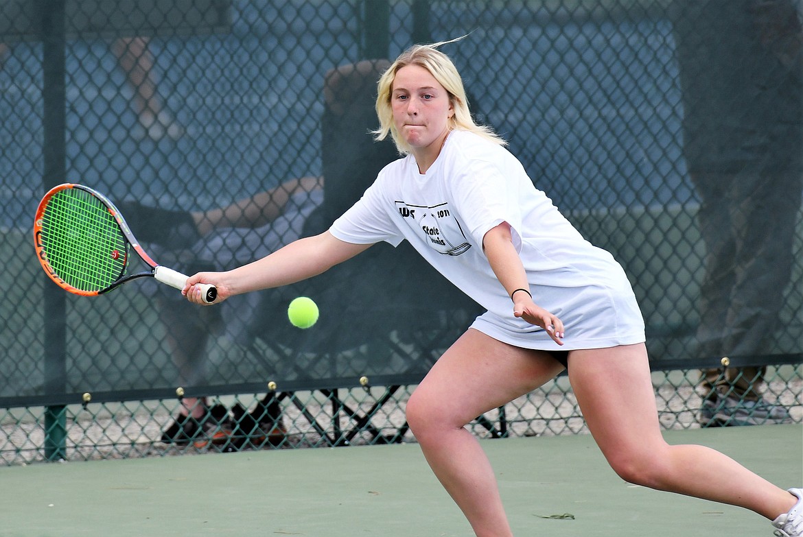 Bulldog Aubrey Hanks eyes the ball during a match at the Class A state tennis tournament last week at Flathead Valley Community College. (Photo courtesy Jeff Doorn)