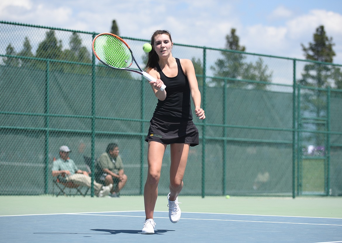 Olivia Potthoff returns a shot during the Class A State Tournament last week at FVCC. (Daniel McKay/Whitefish Pilot)