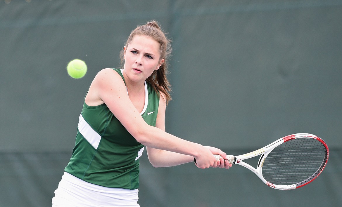 Claire Carloss returns a Libby serve during the Western A Divisional Tournament last week at Flathead Valley Community College. (Daniel McKay/Whitefish Pilot)