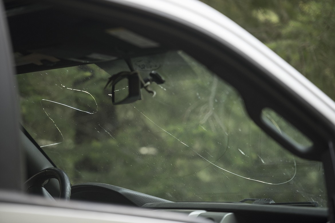 A crack on the front window of the stolen truck. (Luke Hollister/The Western News)