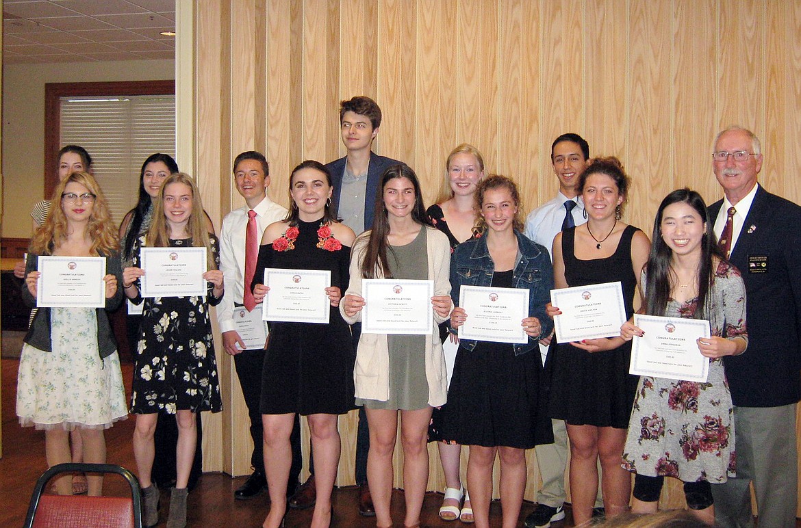 Sandpoint Elks Lodge No. 1376 honored this year&#146;s scholarship recipients at a special dinner May 15. Pictured, fromleft, in the  back row, are River Feuling, Sandpoint High; Shelby Scribner, Priest River Lamanna High; Curtis Hauck, Sandpoint High; Harrison Hertzberg, Forest Bird Charter School; Christina Tefft, Priest River Lamanna High; Michael Myers, Clark Fork High; Dwight Sheffler, Elk&#146;s Exalted Ruler:  front row-Joellie Heneise, Sandpoint High; Tessa Beeman, Sandpoint High; Emma Dreier, Sandpoint High; Victoria Hewitt, Sandpoint High;  Elloria Lambert, Elk&#146;s Student of the Year,  Clark Fork High; Grace Shelton, Clark Fork High; and Emma Ferguson, Sandpoint High. Named as the continuing education scholarship recipient is Jennifer Hepinstall.
(Courtesy photo)