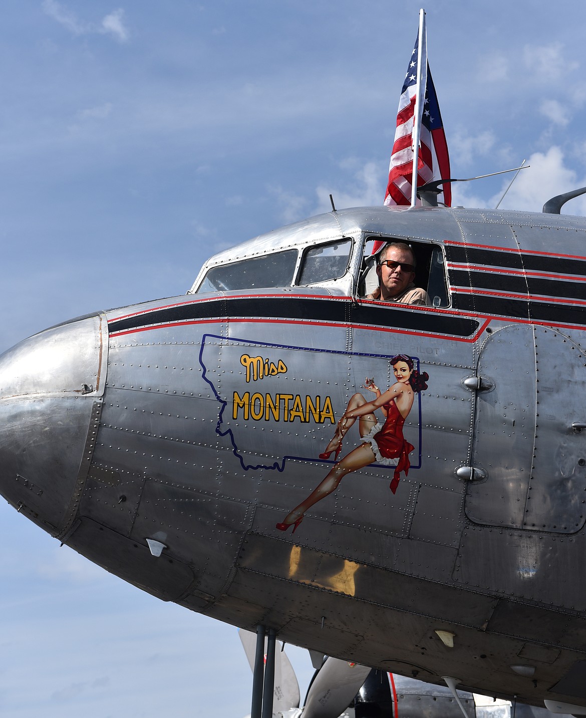 &#147;I AM extremely fortunate to be in the left seat,&#148; says Sanders County native Art Dykstra of his first flight in Miss Montana, landing in Plains May 14.