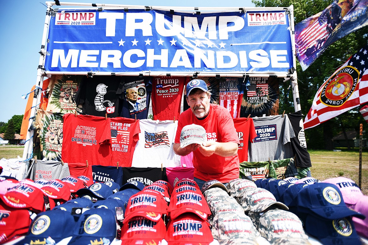 Steve Goodman at his Donald Trump merchandise stand in Evergreen on Wednesday, May 29. (Casey Kreider/Daily Inter Lake)