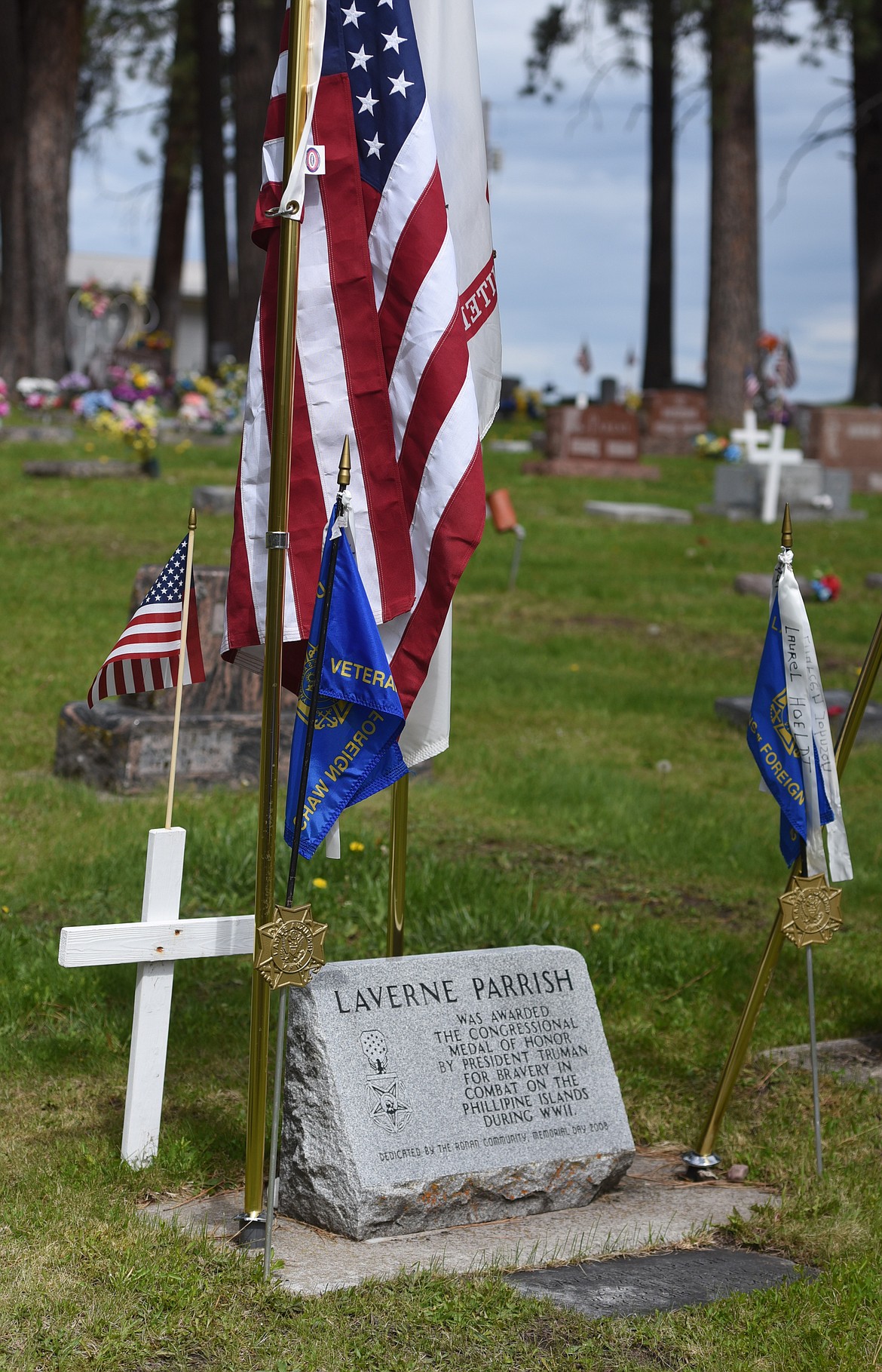 LAVERNE PARRISH, a medic in the U.S. Army during World War II, posthumously received a citation during the Memorial Day ceremony at the Ronan Cemetery. After treating nearly all of the 37 casualties suffered by his company in combat on Jan. 24, 1945, Technician 4th Grade Parrish was mortally wounded by mortar fire, and shortly after was killed.  He received the Congressional Medal of Honor on Aug. 2, 1945.