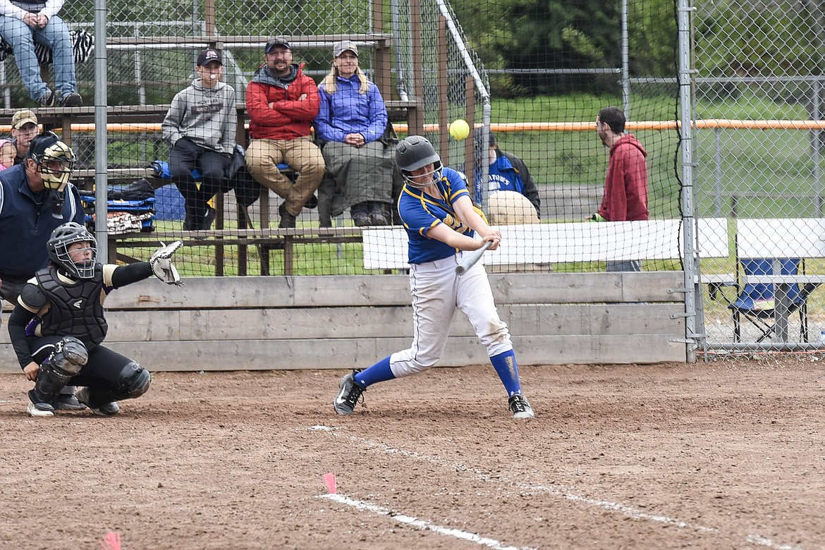 Libby sophomore Taylor Holm hits a high fly double in the 6th inning against Polson, May 18. (Ben Kibbey/The Western News)
