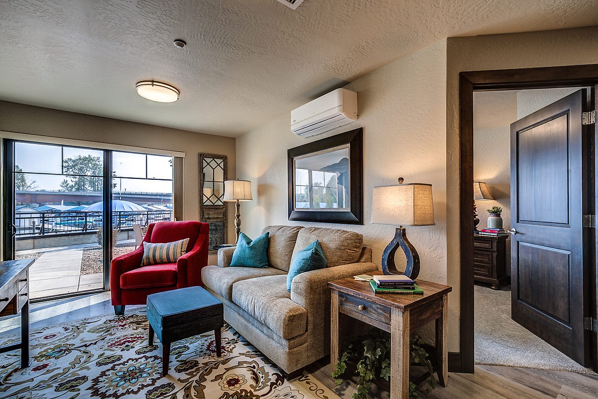 Living space in a furnished Sandcreek Loft, with walk-out access to the Sandpoint Marina.