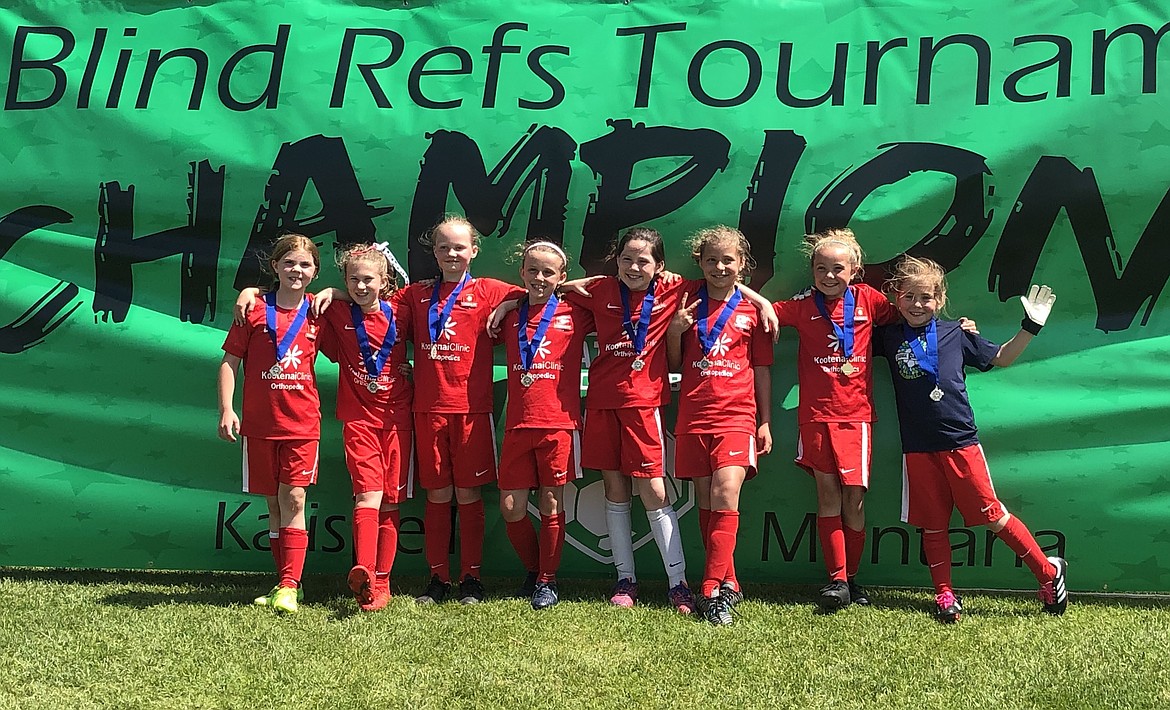 Courtesy photo
The Thorns North FC 09 Green girls soccer team won its division at the Three Blind Refs tournament in Kalispell, Mont., last weekend. First was a shutout over FC Missoula White 2009G Uskoski. Tayla Ruchti led the Thorns with a hat trick.  Ryann Blair, Phinalley Voigt and Nell Dodge-Hutchins scored twice for the Thorns. Sierra Sheppard scored the team&#146;s final goal of the game. The Thorns also shut out the Flathead Rapids White 2009G-CL. Blair scored three goals, Voigt two, and Tamzyn Feierabend one. The semifinals on Sunday were a match against Thorns North FC 09 Yellow. Blair scored three goals, Dodge-Hutchins scored one. Cayden Leonard scored for the yellow team. In the final match of the tournament, the Thorns beat Calgary Blizzard SC09 5-2. Blair had four goals in the championship, Voigt had one. Maddie Witherwax was in goal this weekend. From left are Ryann Blair, Aspen Liddiard, Nell Dodge-Hutchins, Sierra Sheppard, Phinalley Voigt, Tamzyn Feierabend, Tayla Ruchti and Maddie Witherwax.