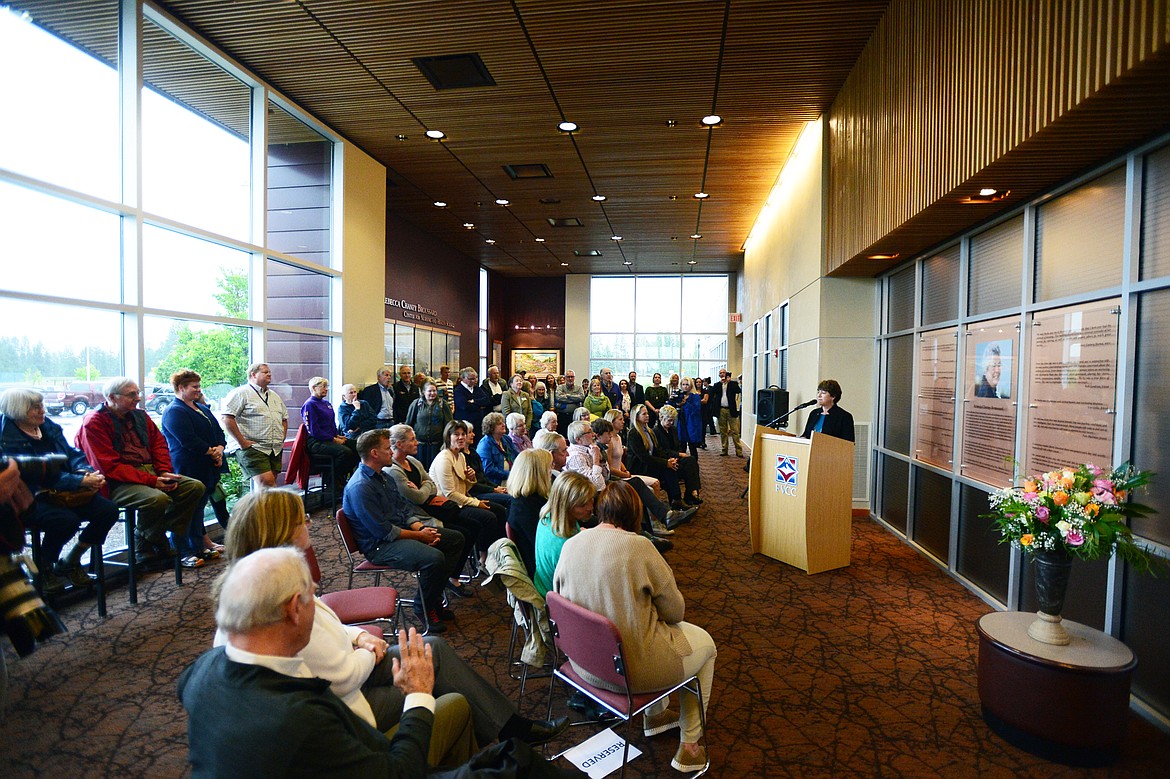 Flathead Valley Community College president Jane Karas addresses visitors gathered before a ribbon-cutting ceremony to unveil the college&#146;s new Broussard Family Library and Learning Commons on Thursday. (Casey Kreider/Daily Inter Lake)