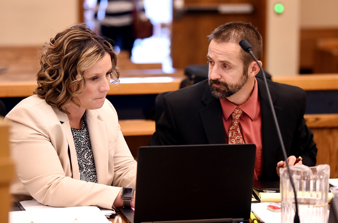 County Attorney Travis Ahner, right, confers with Deputy County Attorney Alison Howard during a break in the Ryan Cody Lamb trial on Friday, June 7. Lamb has been charged with felony deliberate homicide after being accused of stabbing his partner Ryan Nixon on Aug. 5, 2018.(Brenda Ahearn/Daily Inter Lake)