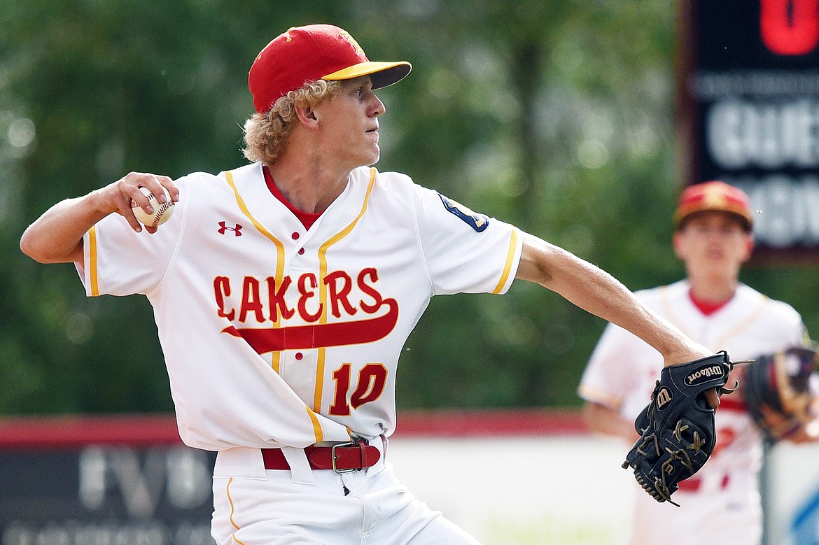 Lakers AA shortstop Connor Drish fires to first base after fielding a ground ball in the top of the third against Mission Valley Mariners A at Griffin Field on Wednesday. (Casey Kreider/Daily Inter Lake)